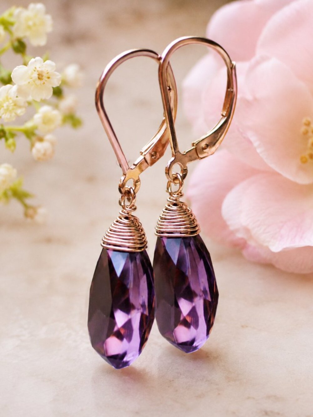 Handmade Wire Wrapped Kunziite Earrings 14k Rose Gold Filled , Lab Made Gems
